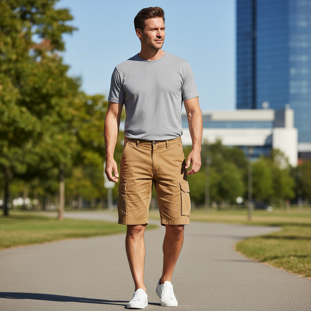 Men wearing multi pocket cargo shorts in a casual outdoor setting