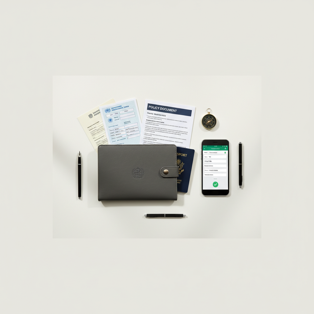 Traveler organizing vaccination record and travel insurance documents for international trip
