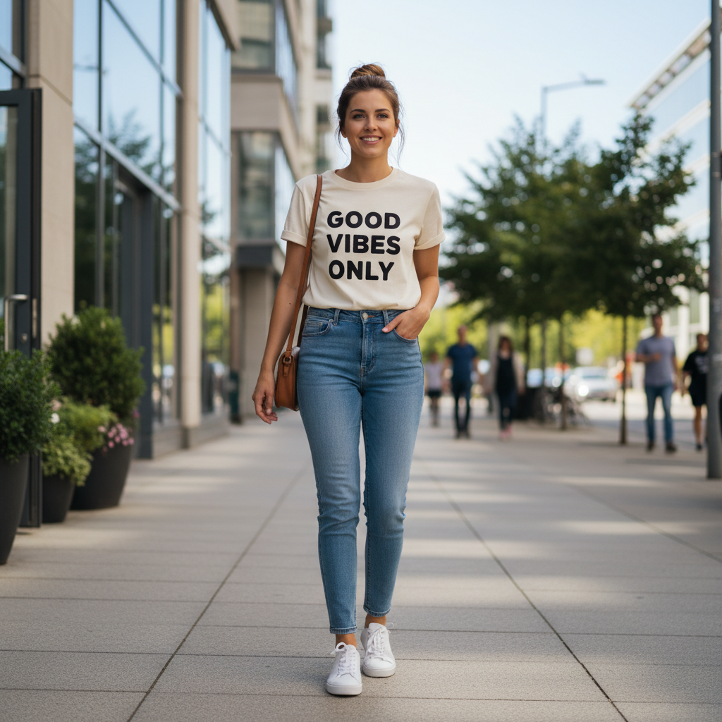 Woman wearing a casual trendy slogan tee with jeans and sneakers