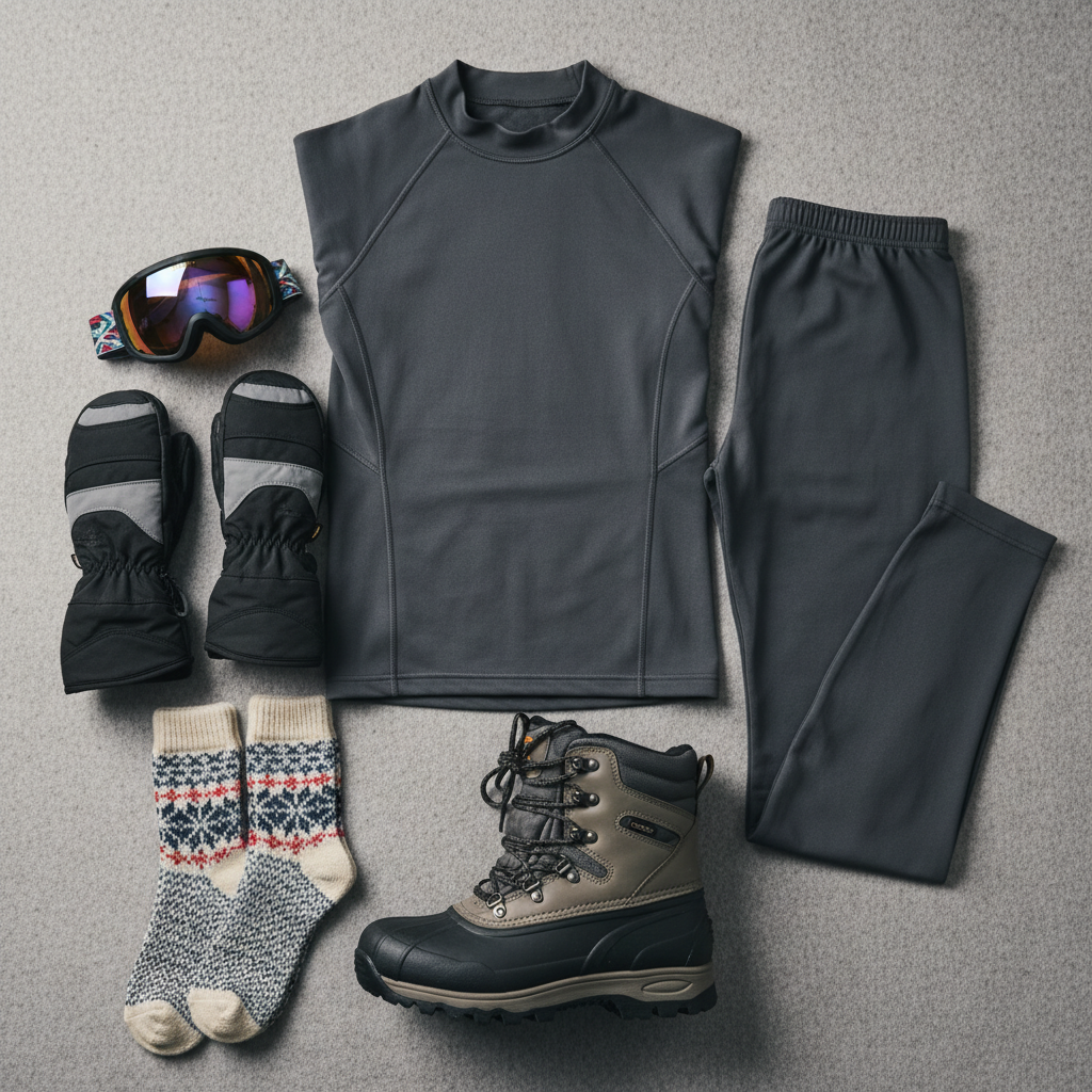 Close-up of winter clothing layers for dog sledding: base layer, gloves, goggles, and boots