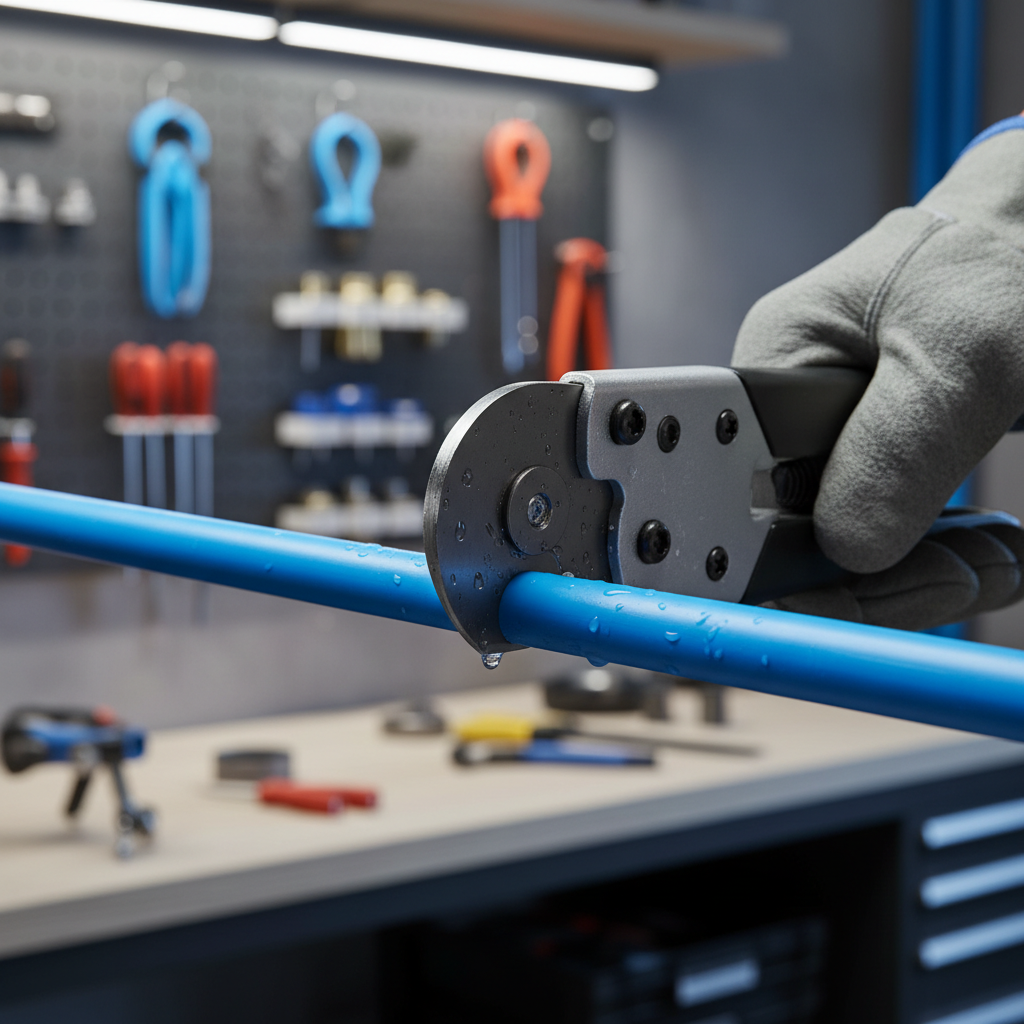 Ratcheting cutter making a square cut on PEX tubing