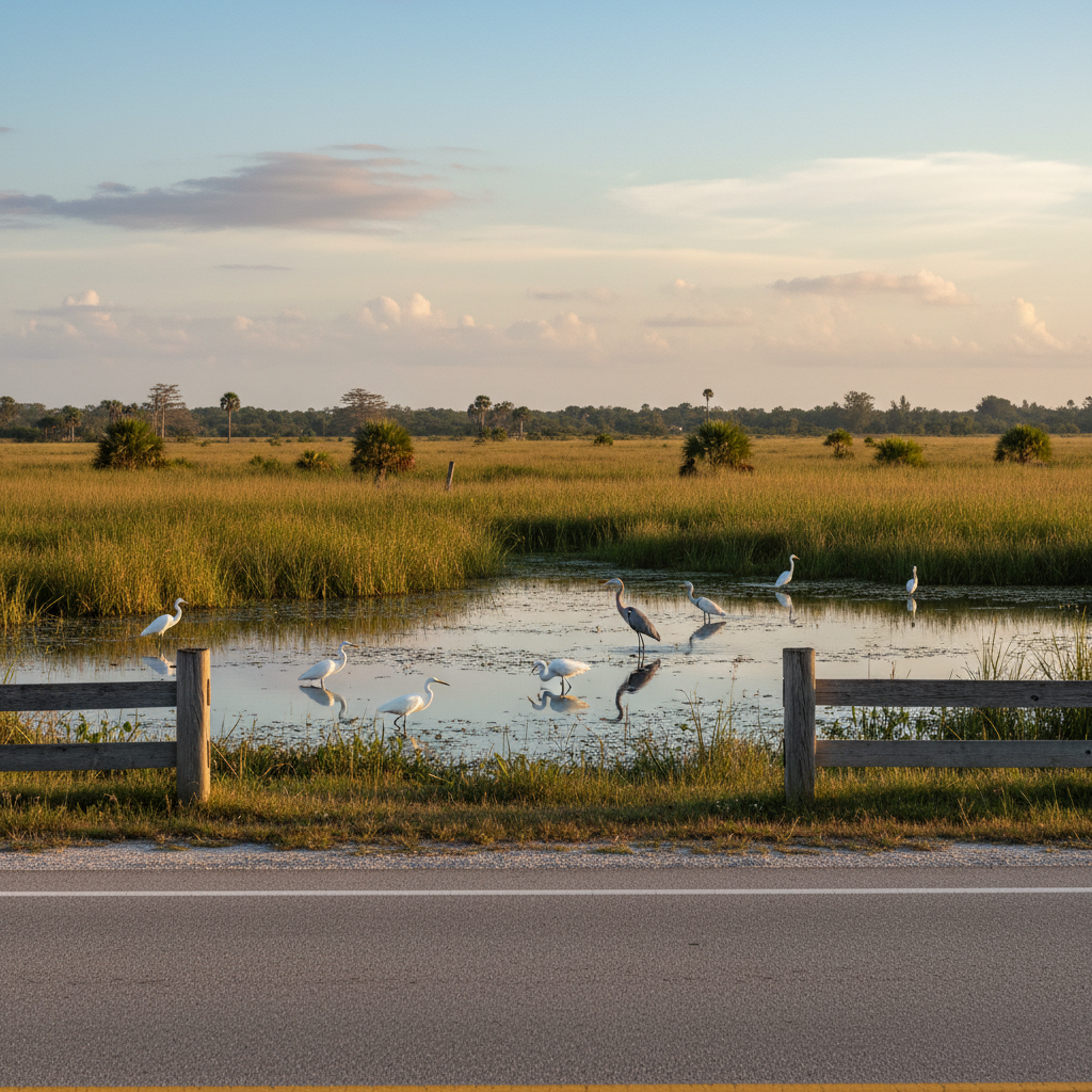 Wading birds in Florida Everglades wetland viewed from a roadside pull-off