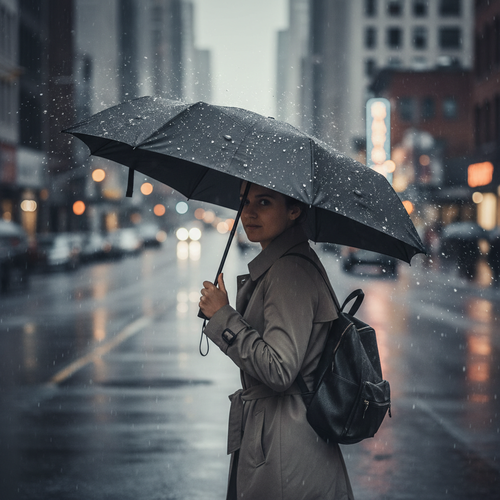 Compact windproof travel umbrella in rainy city commute