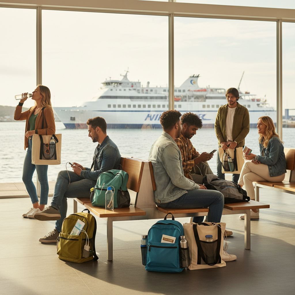 Ferry passengers waiting in terminal with bags, water bottles, and phone chargers