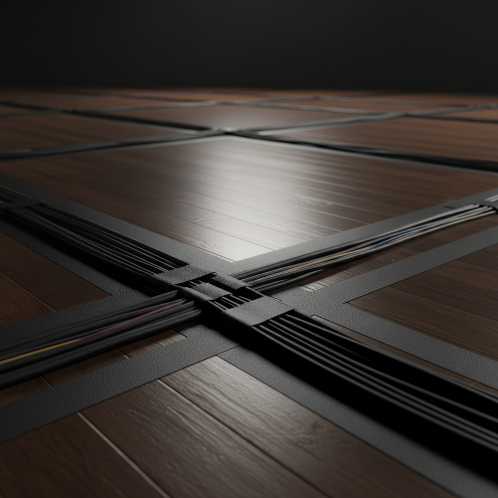 Non residue gaffer tape securing cables on a stage floor