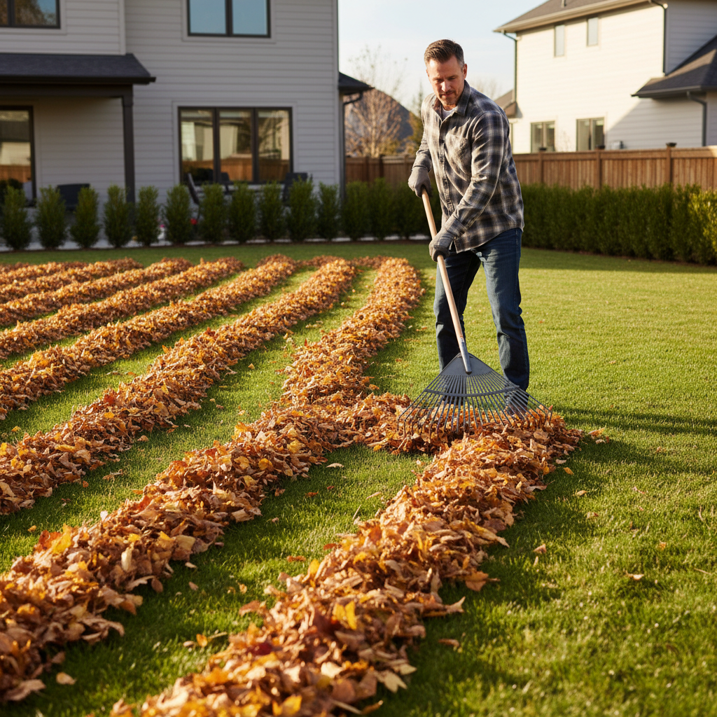 Homeowner raking leaves into windrows with a metal leaf rake
