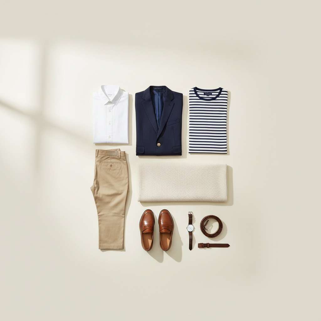 Modern preppy capsule wardrobe laid out with blazer, chinos, loafers, and striped top