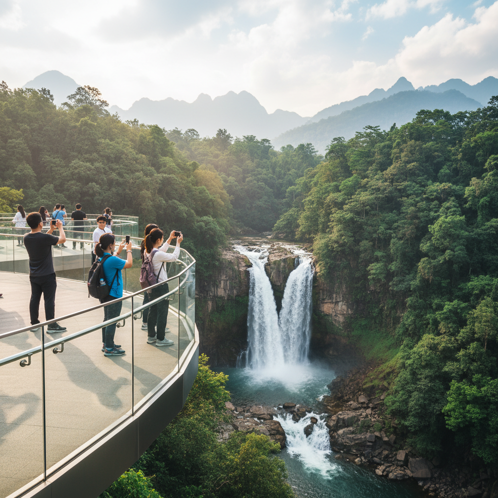 Scenic waterfall viewpoint with safe overlook and visitors taking photos