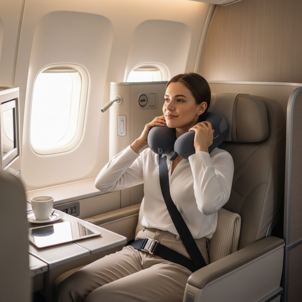Traveler adjusting neck pillow and lumbar support on an airplane for better posture