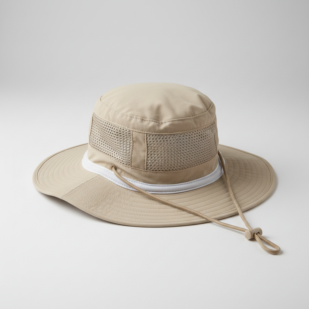 Close-up of UPF travel hat features including ventilation, adjustable band, and chin cord