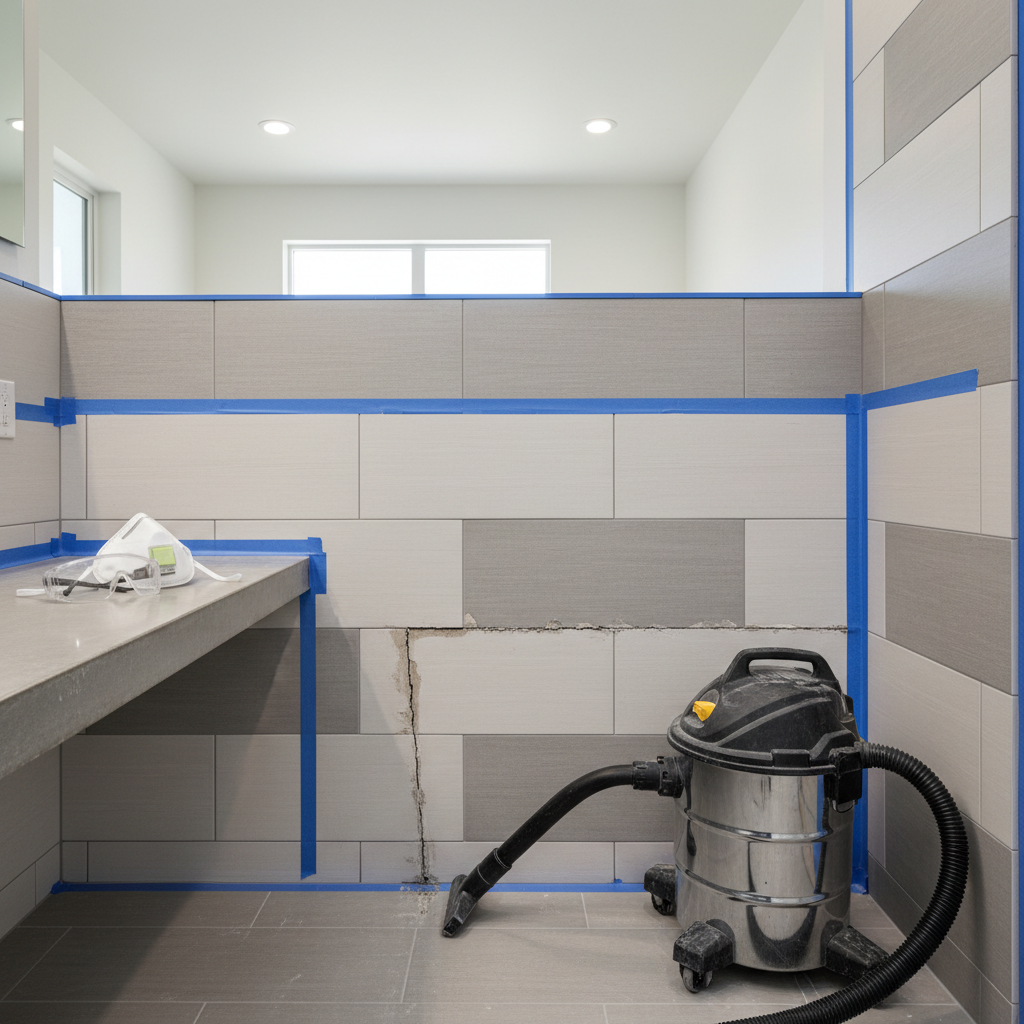 Dust control setup for grout removal with shop vac and masking tape