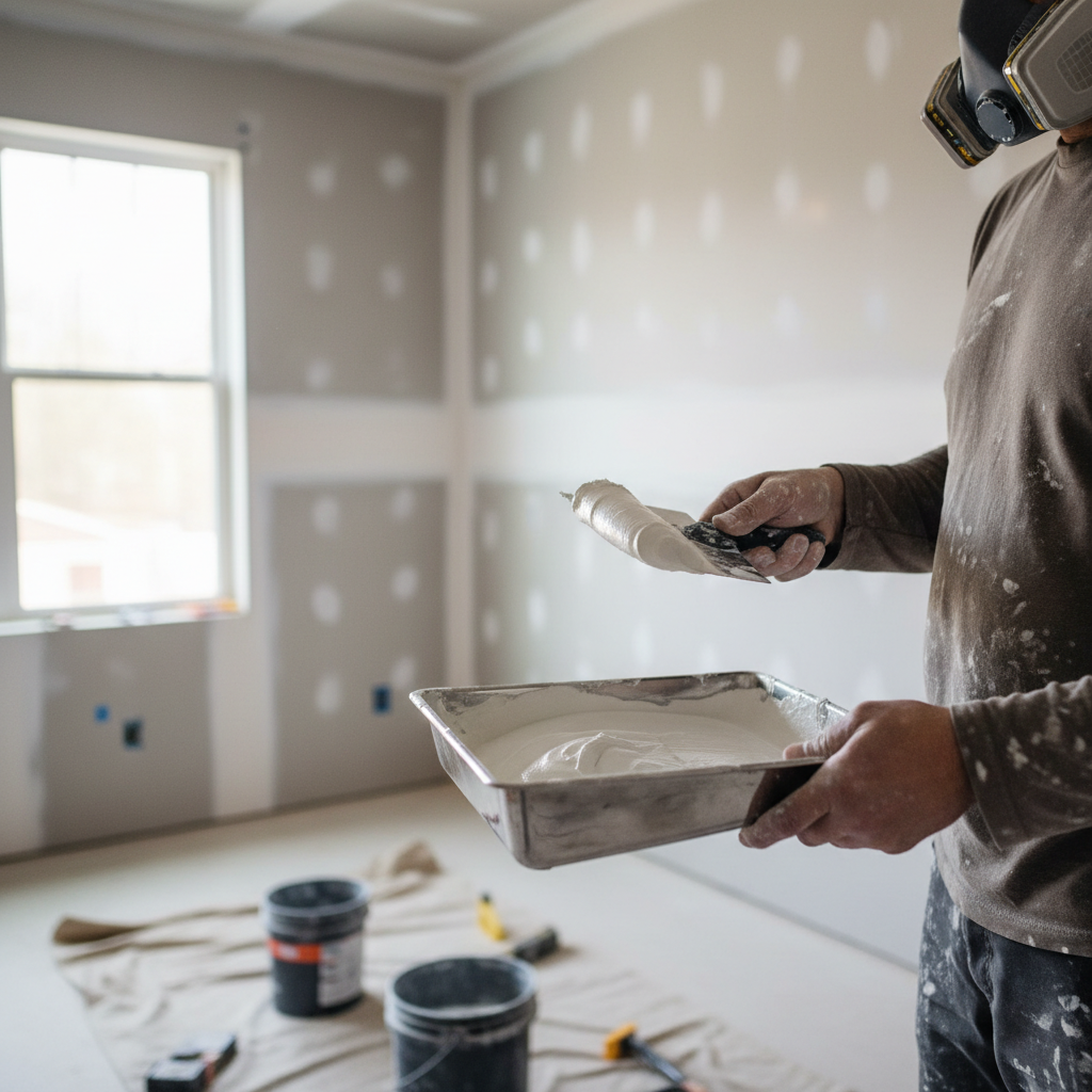 Drywall finisher holding a mud pan and taping knife with joint compound