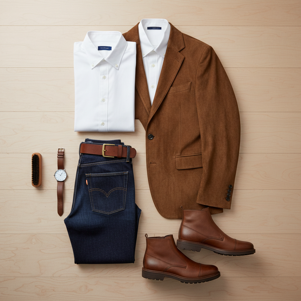 Flat lay of men casual smart suede jacket outfit essentials