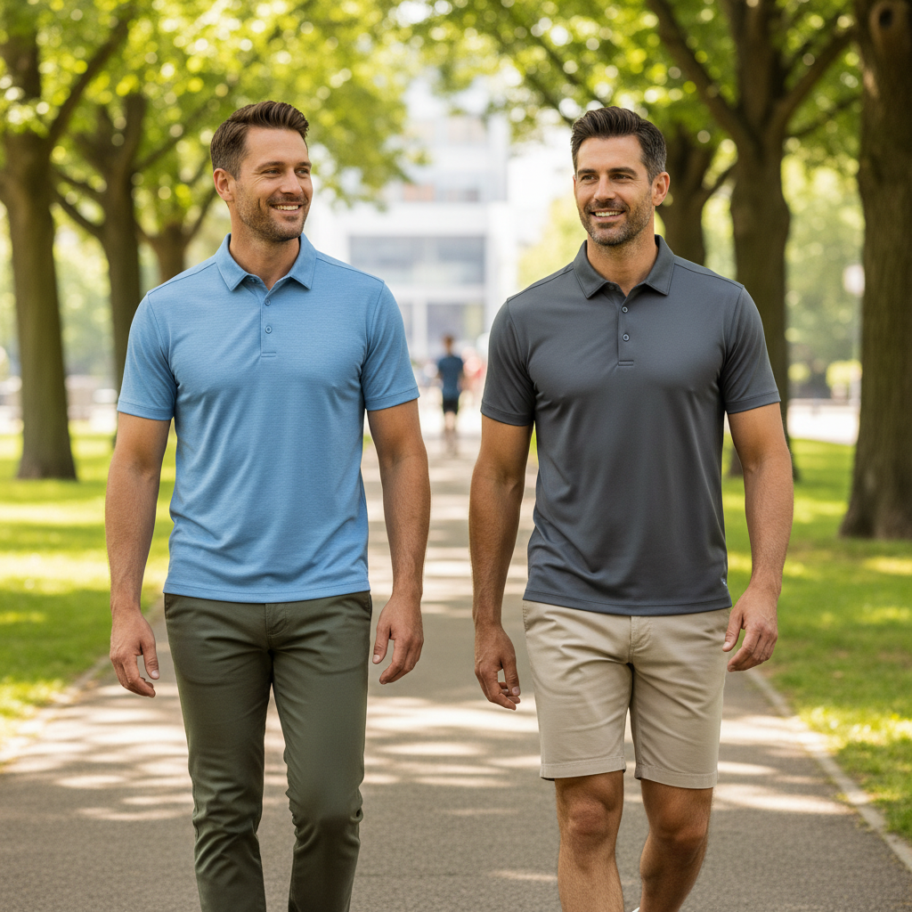 Men wearing breathable polo shirts in a summer outdoor setting