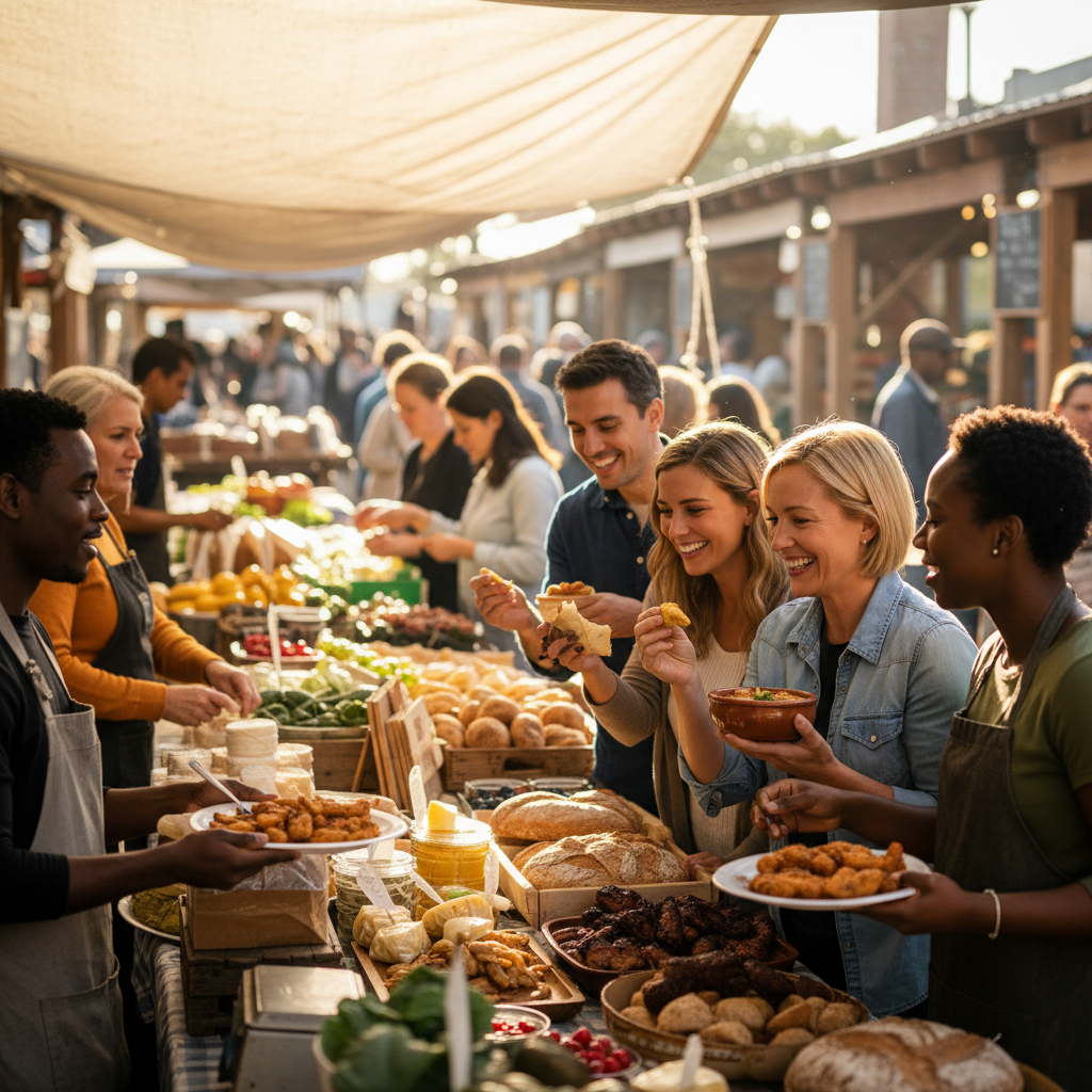 Travelers tasting regional heritage foods at a local market