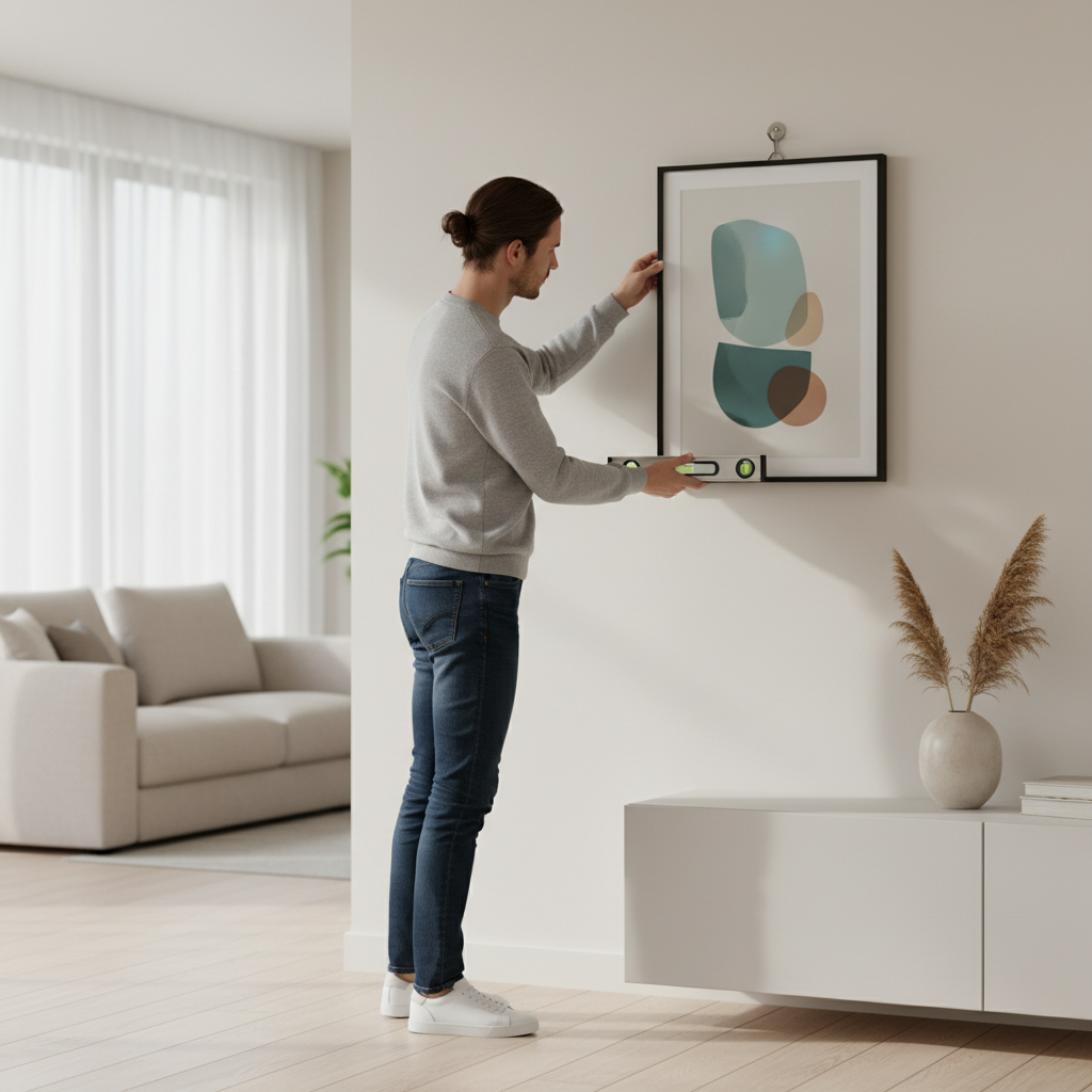 Small magnetic level tool used while hanging a picture frame on a wall