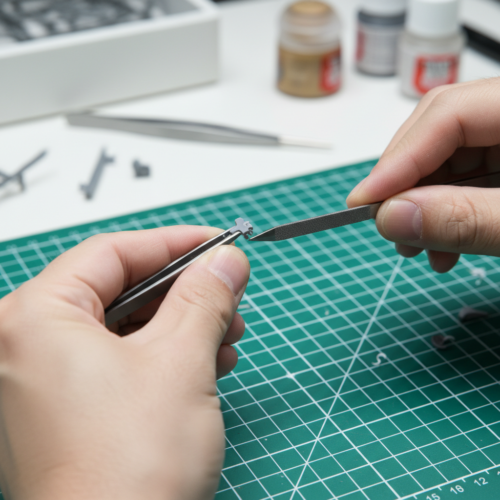 Using a fine needle file on a small plastic model part for clean edges