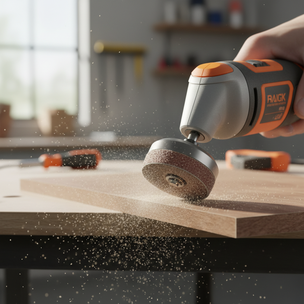 Rotary tool sanding drum smoothing a wood edge
