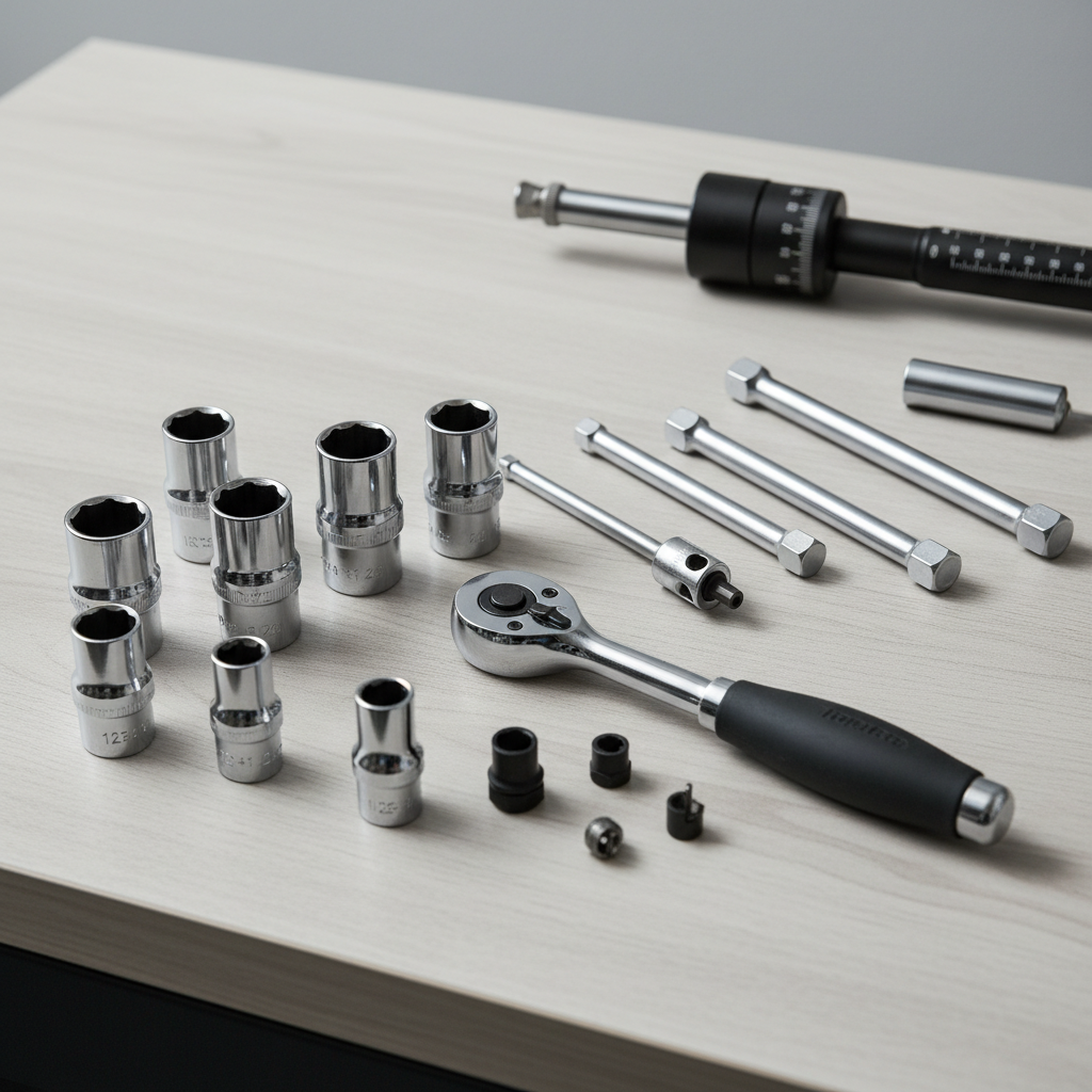 Spark plug socket set with extensions and ratchet on a clean workbench