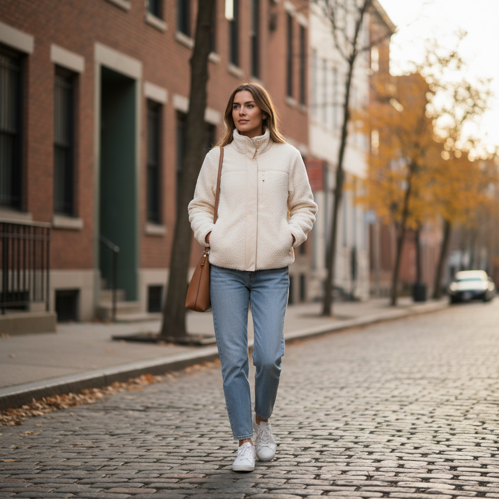Cozy fleece jacket outfit with jeans and sneakers for casual weekend style