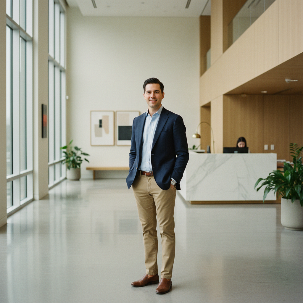 Smart office outfit for men with blazer, chinos, and leather loafers