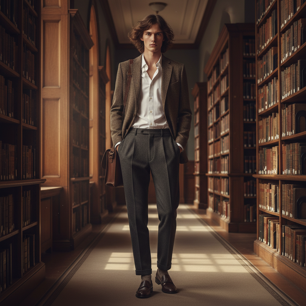 Classic dark academia outfit with blazer, pleated trousers, and loafers