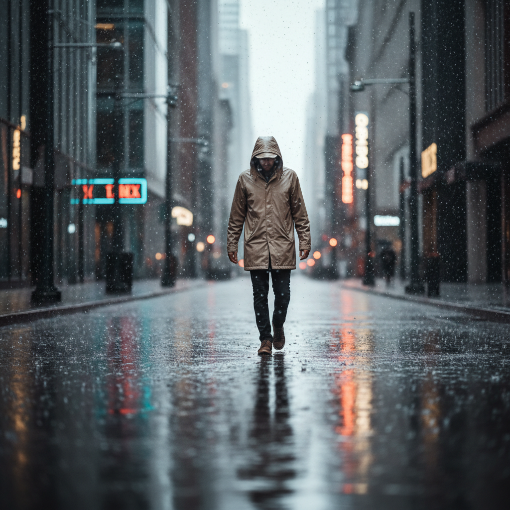 Traveler wearing a lightweight rain jacket in a rainy city street