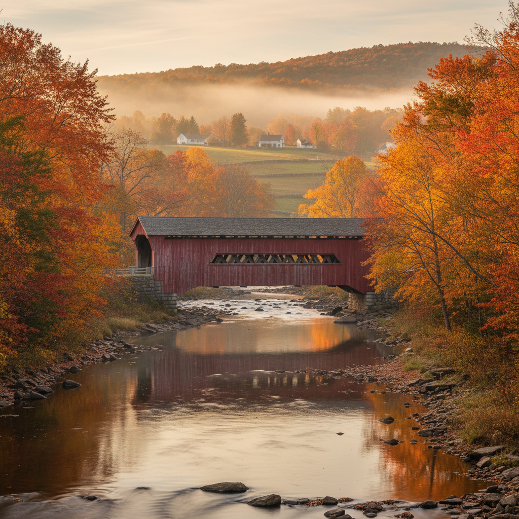 New England covered bridge surrounded by peak autumn colors