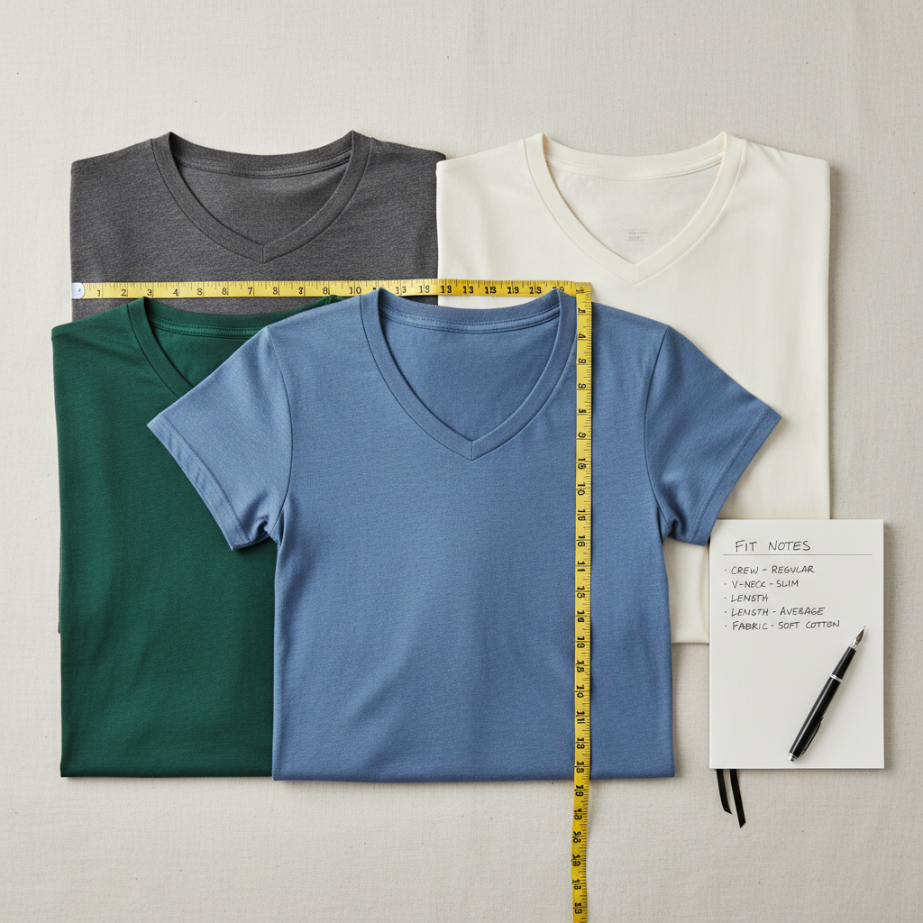 Flat lay comparing crew neck and V-neck solid cotton tees with measuring tape