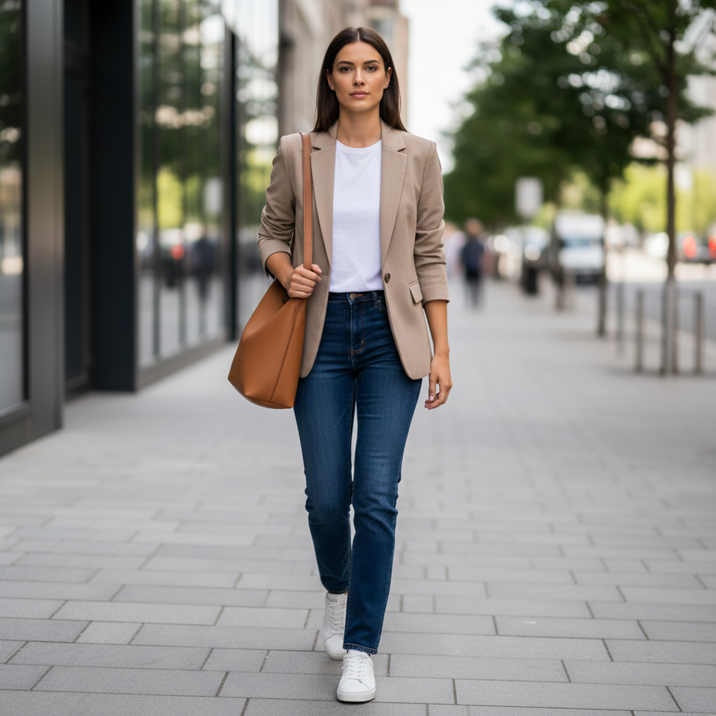 Minimalist outfit formula with blazer jeans white tee and neutral sneakers