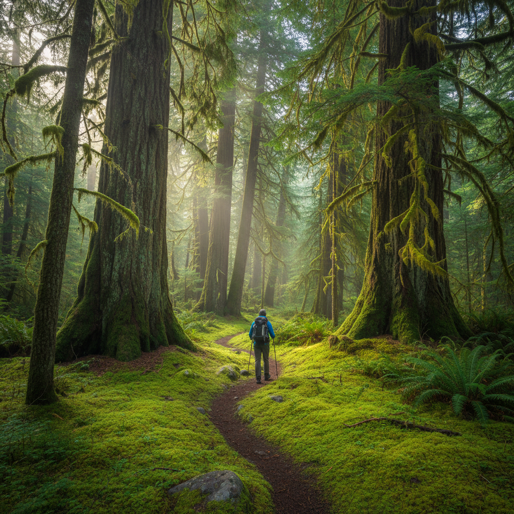 Hiker walking a mossy trail in an ancient old-growth forest
