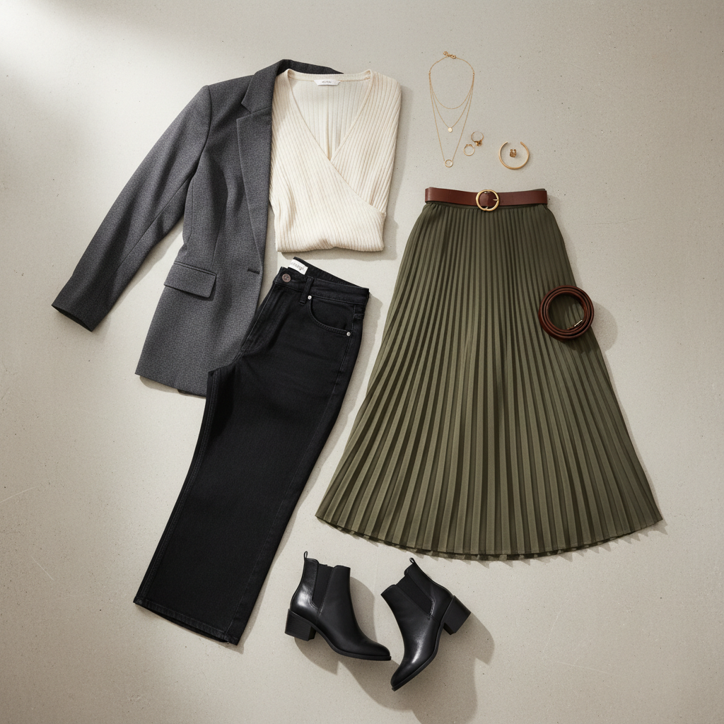 Curvy capsule wardrobe staples laid out for outfit planning