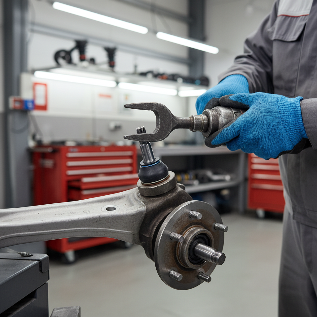 Ball joint separator tool removing a taper joint at the steering knuckle