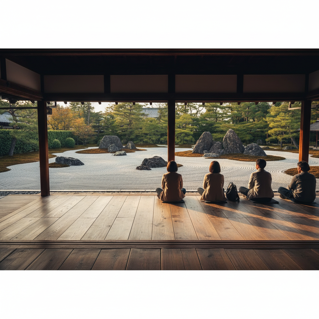 Temple veranda overlooking a dry rock garden where visitors sit quietly