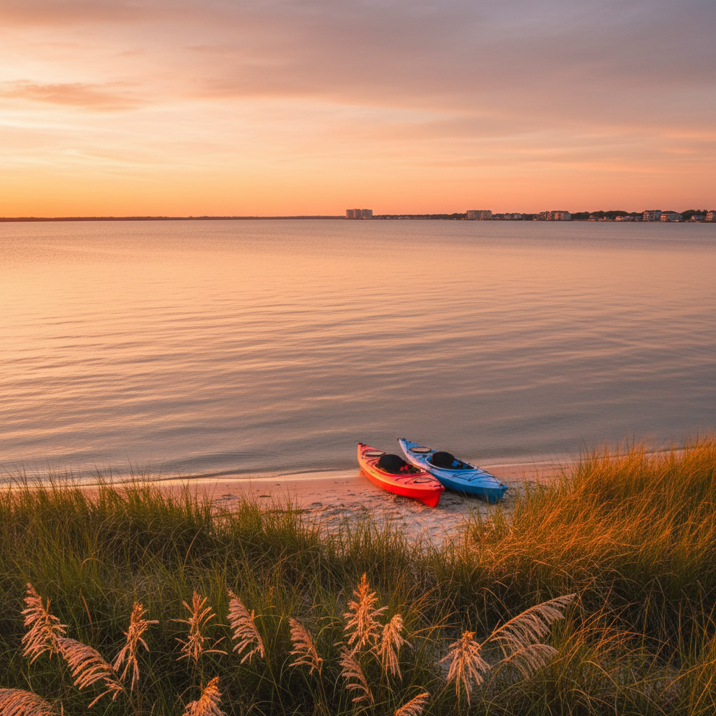 Peaceful coastal sound at sunset with kayaks and marsh grasses