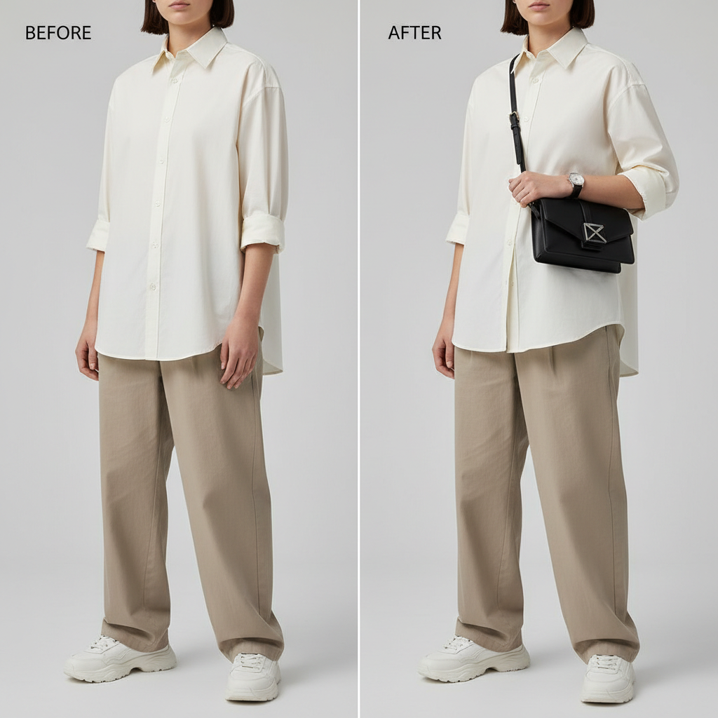 Before and after balancing oversized outfits with tuck and sleeve roll