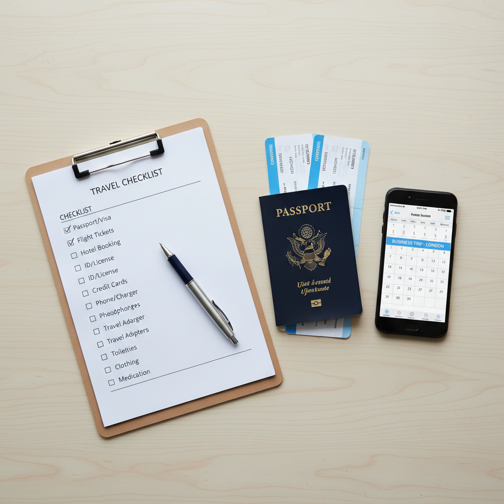 Checklist for visa-free travel planning with passport, tickets, and travel essentials