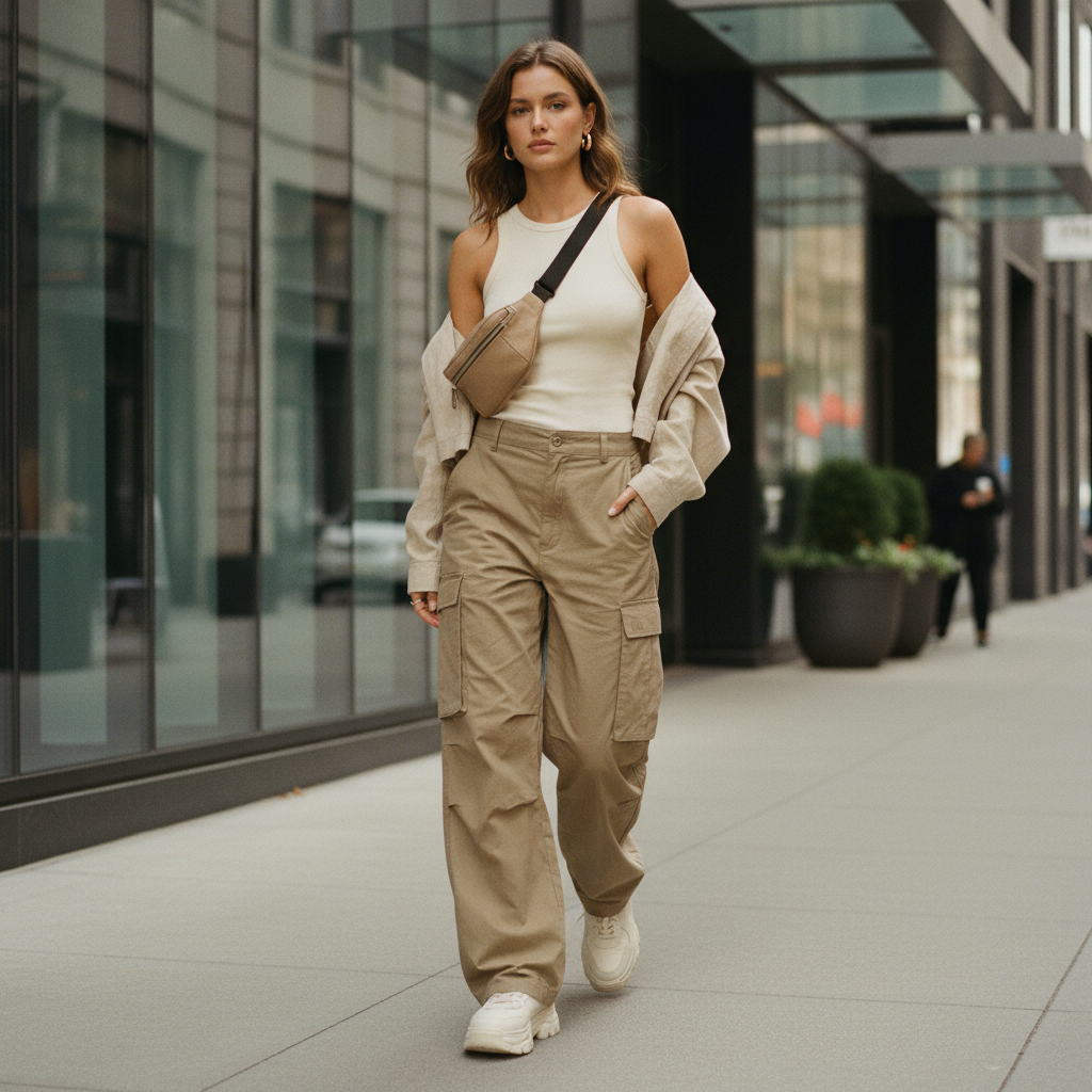 Street style outfit with parachute pants and fitted top