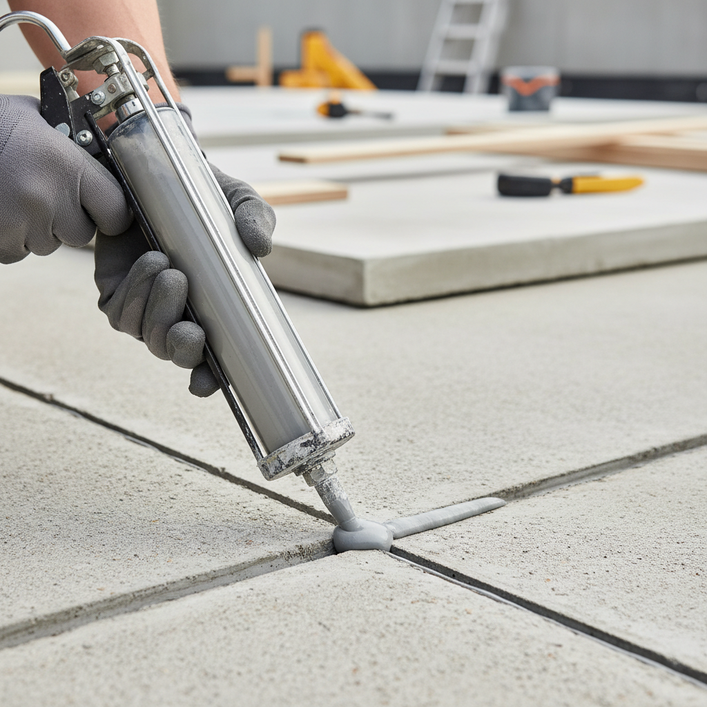 Caulking gun applying sealant bead along a concrete expansion joint with a properly cut nozzle