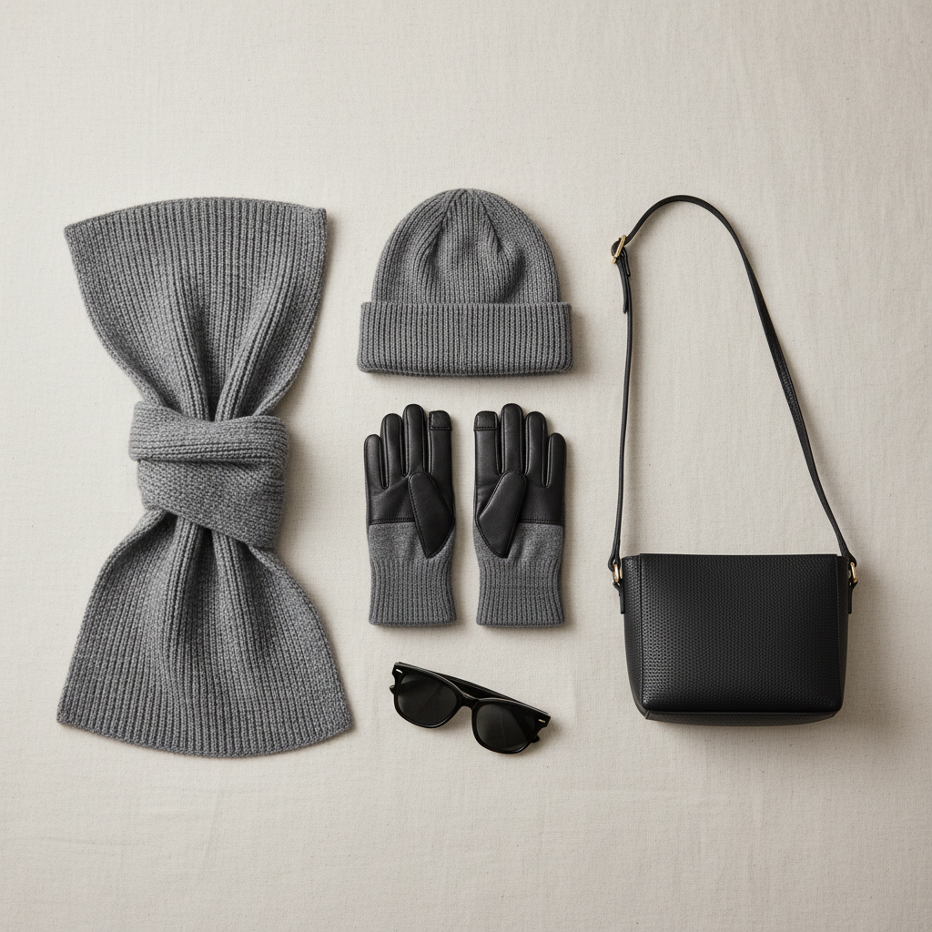 Flat lay of fingerless gloves in leather and knit with winter accessories
