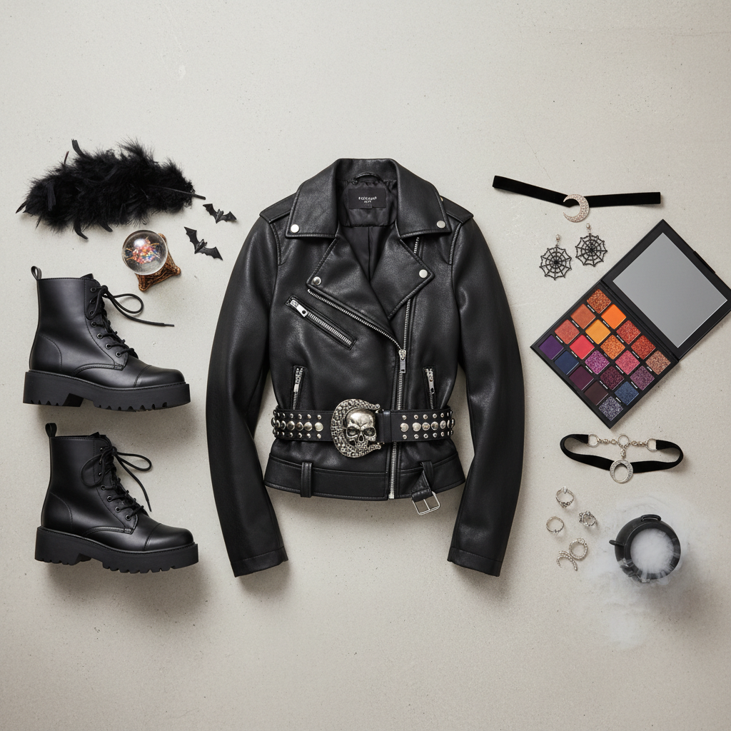 Trend-forward women Halloween costume fashion flat lay with accessories and boots