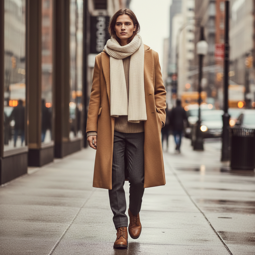 Model wearing a wool scarf with a camel coat in a clean winter street style look