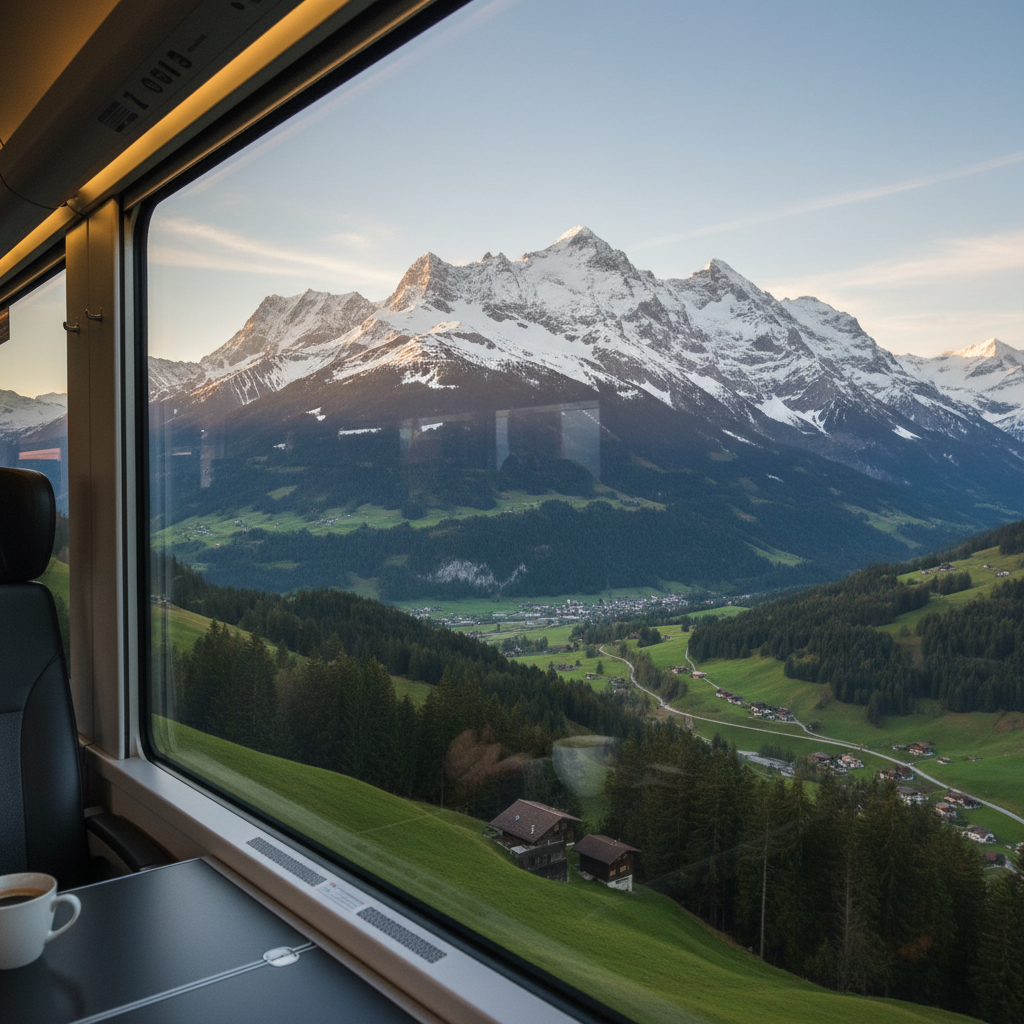 Panoramic European mountain landscape viewed from a train window