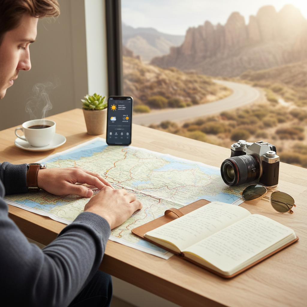 Traveler planning a plateau road trip with map, notebook, and camera gear in a bright workspace