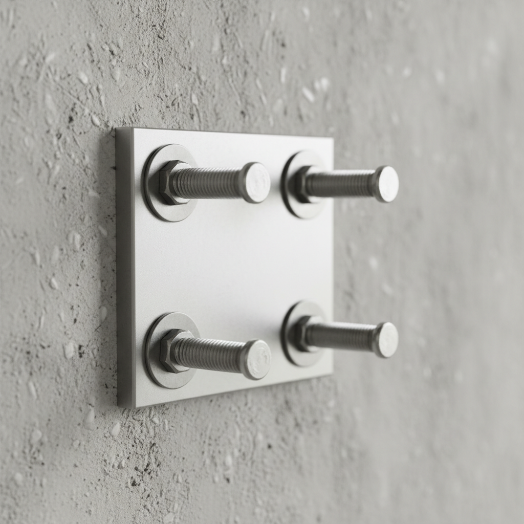 Close-up of properly installed concrete screws holding a metal bracket on a concrete wall