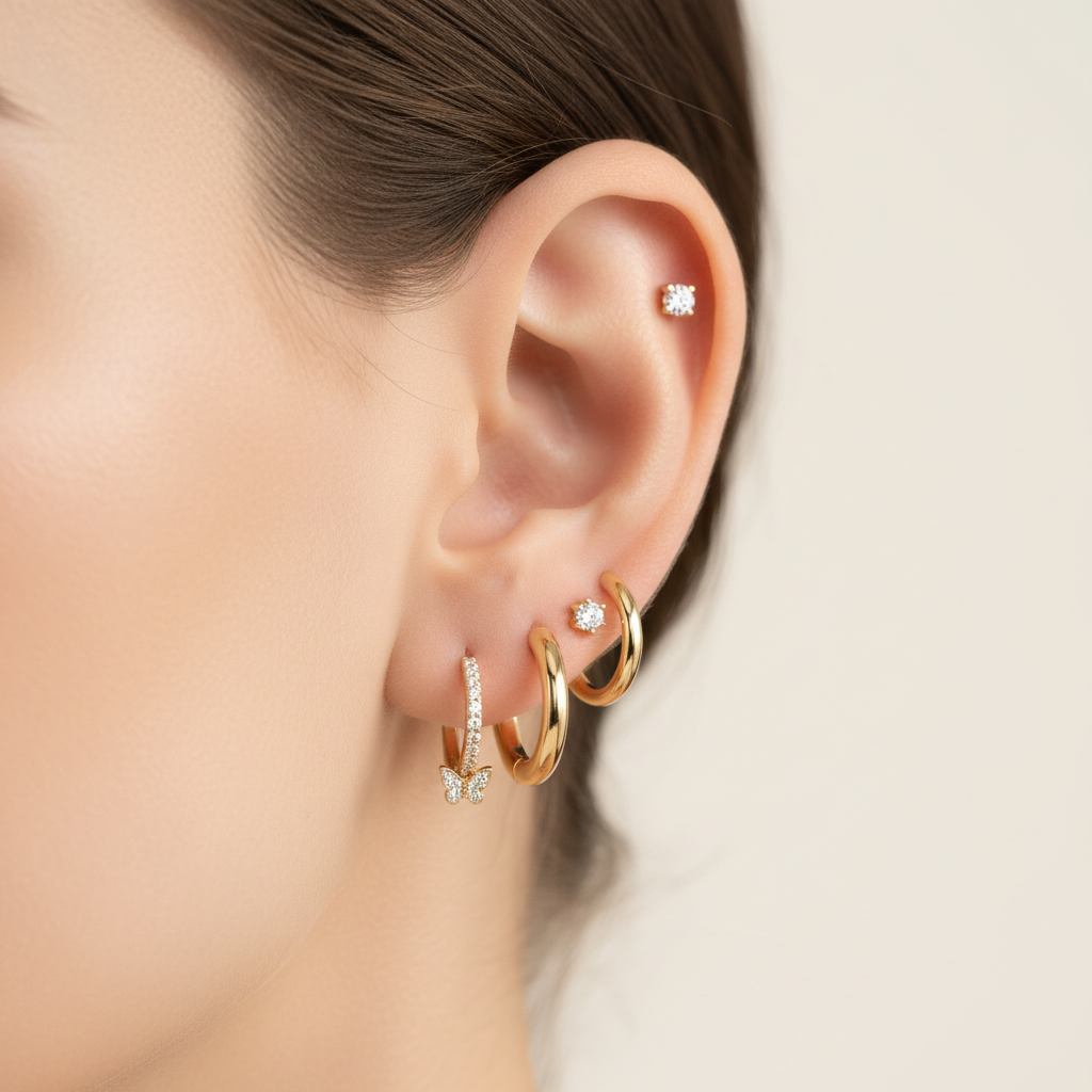 Curated ear stack with butterfly stud and huggie hoops