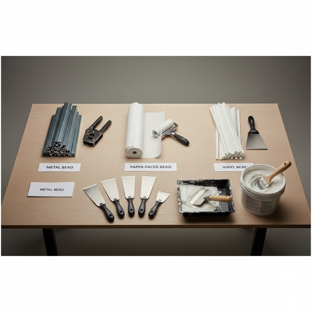 Comparison of drywall corner bead types and tools on a workbench