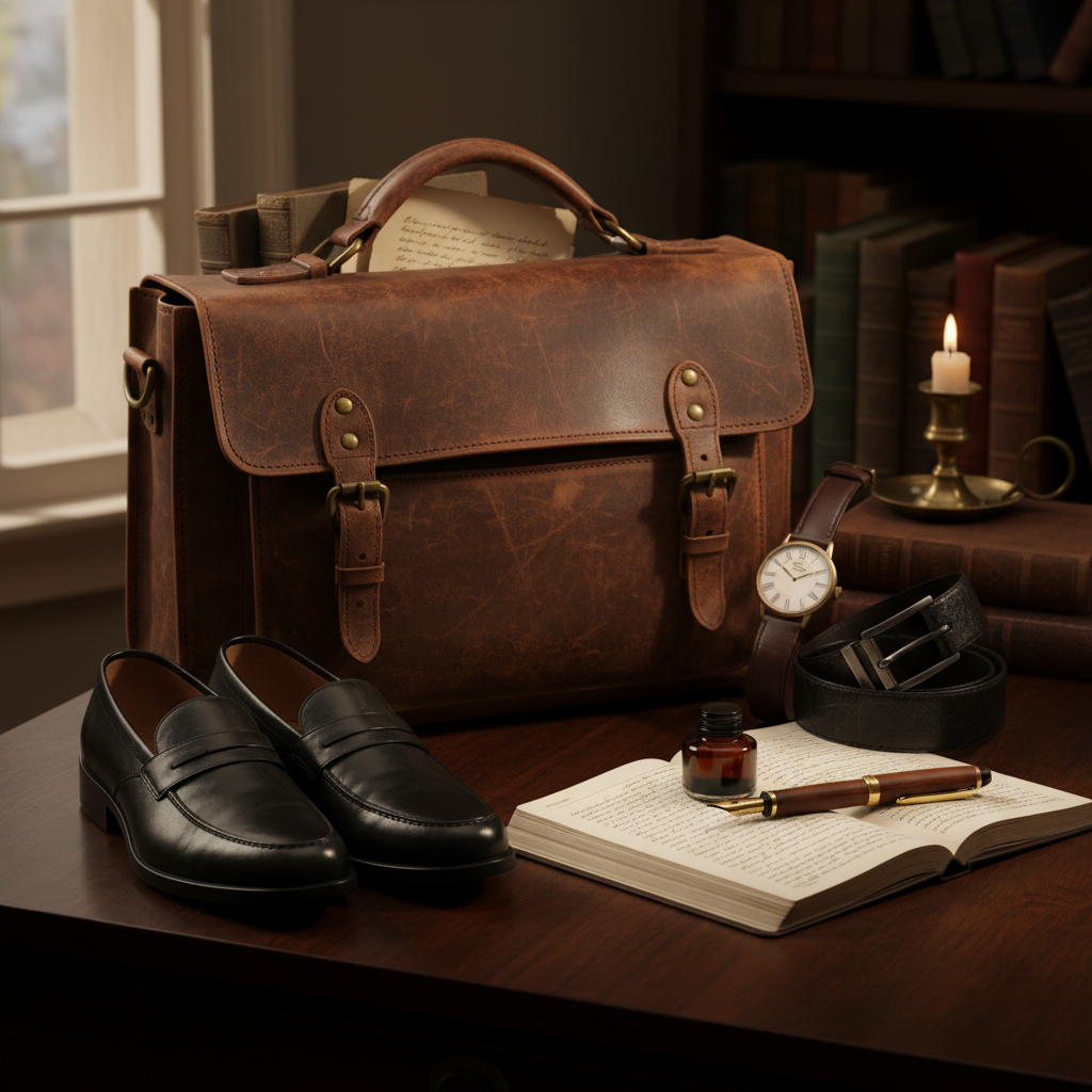 Dark academia accessories: leather satchel, watch, belt, and loafers