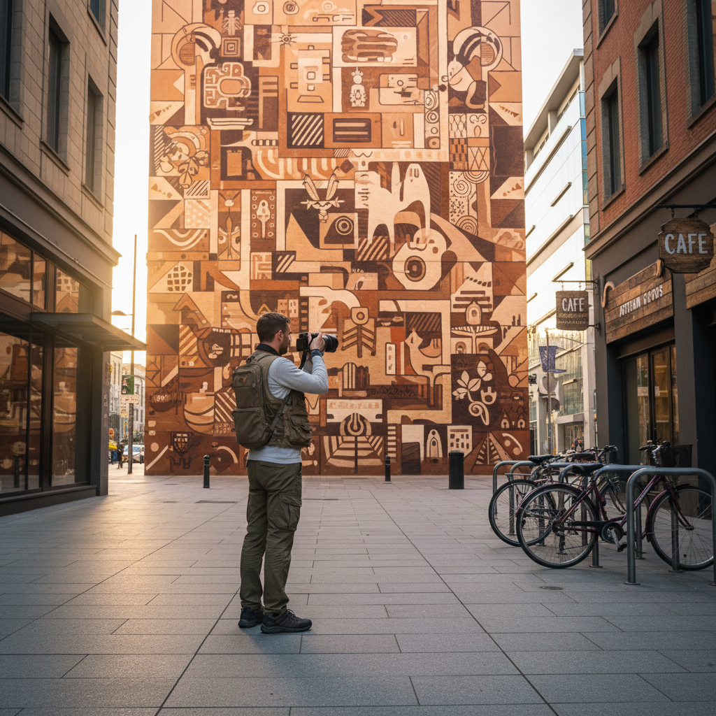 Traveler photographing street art respectfully from the sidewalk