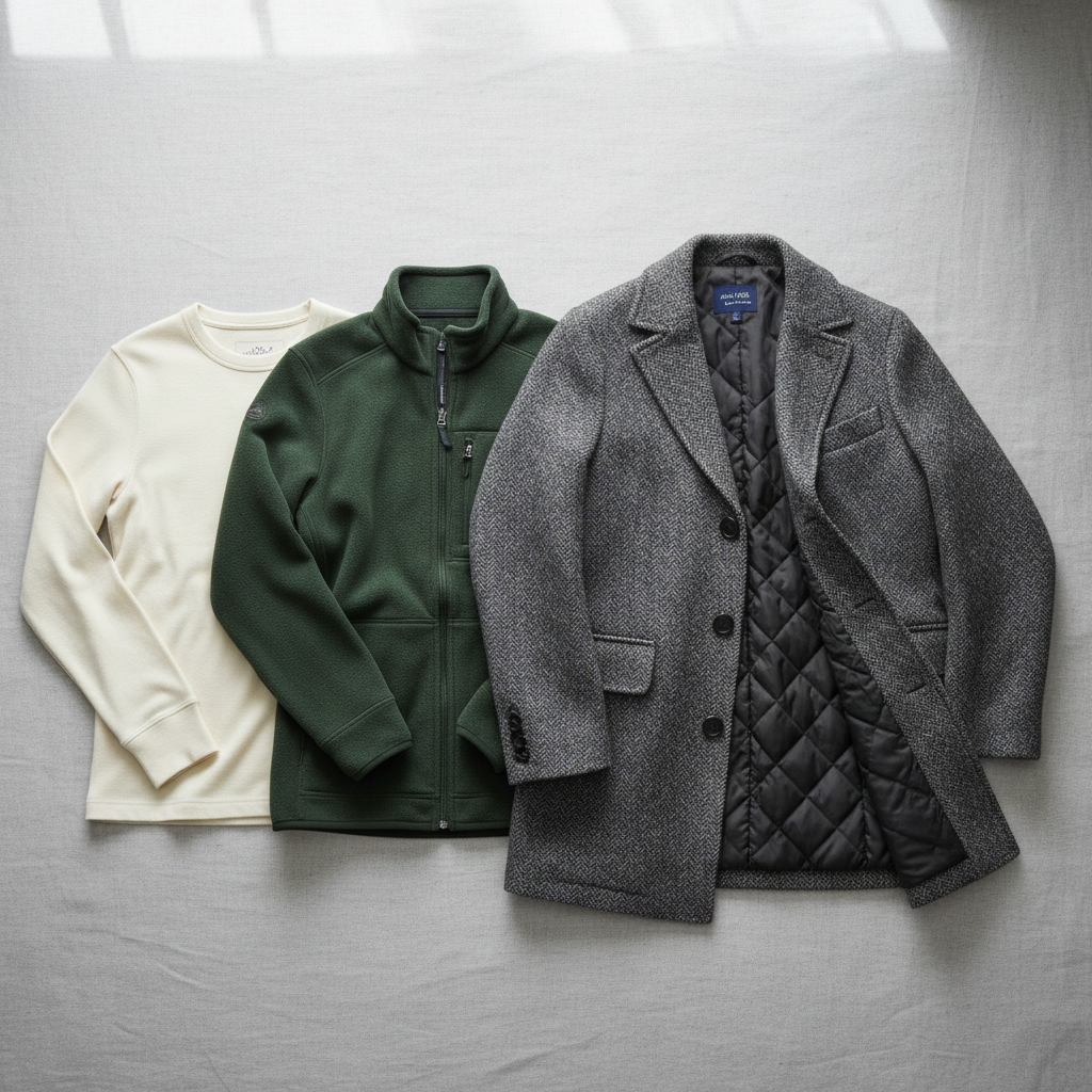 Winter layering outfit system with base mid and outer layers